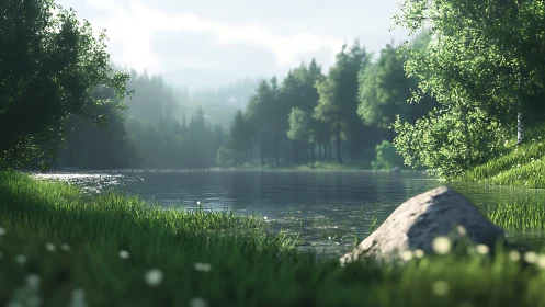 Shaded forest lake with grassy shoreline and foreground rock.