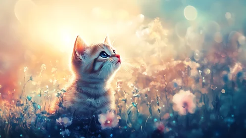 Kitten Gazing Heavenward Among Wildflowers.