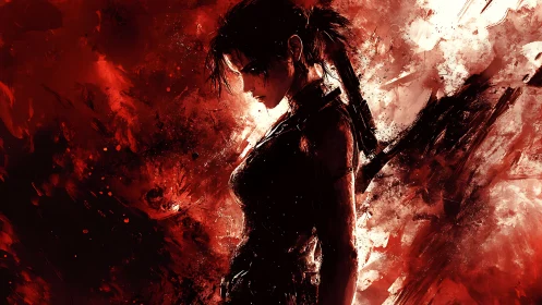 Silhouetted female warrior emerges from chaotic red brush fields