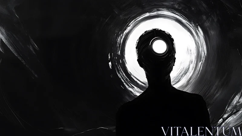 Void-eyed silhouette listens to the echoing tunnel of light