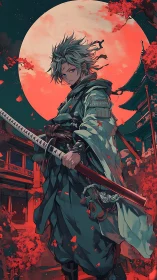 Stoic anime swordsman under large red moon at dusk.