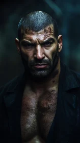 Battle-scarred fighter portrait under harsh dramatic light.