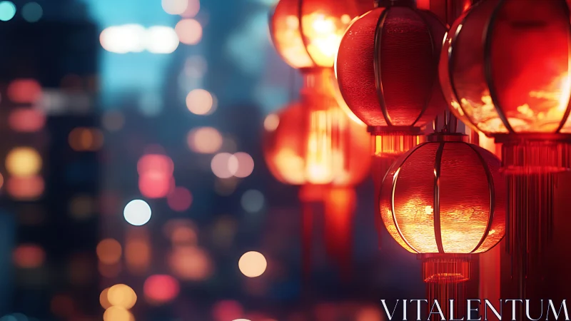 Photorealistic red lanterns against defocused urban bokeh nightscape.