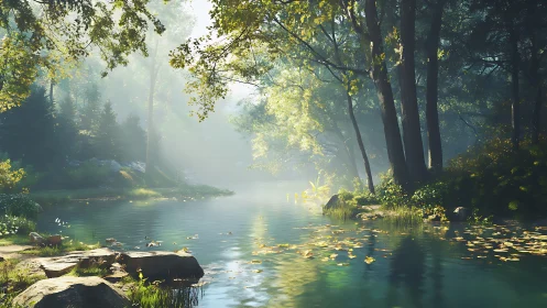 Sunlit forest river glimmering through morning misty haze.