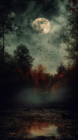 Lunar-illuminated autumn wetland with silhouetted avian swarm.