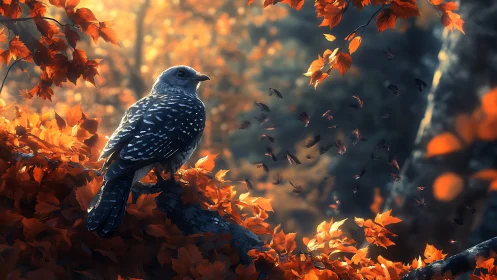 Spotted bird on autumn branch with falling leaves in soft light.