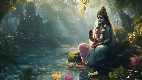 Divine goddess rests by a temple pond in enchanted light