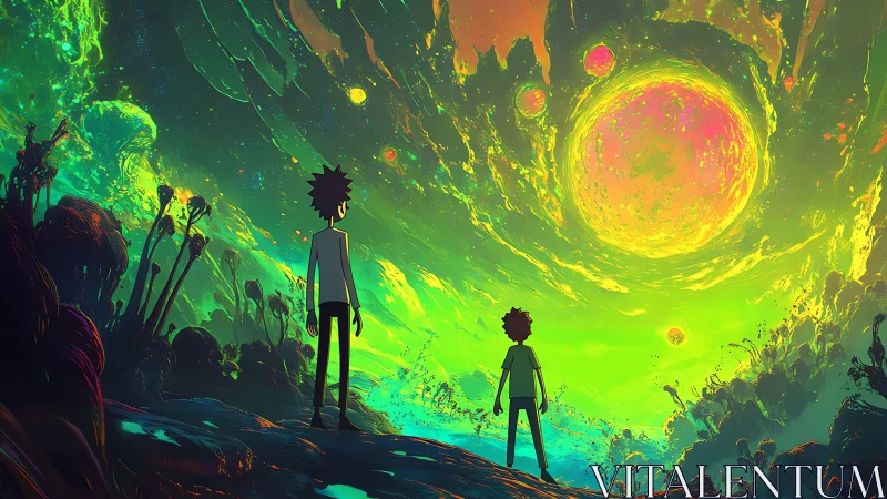 Bioluminescent alien valley under swirling neon starfield.