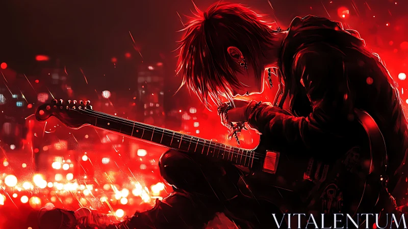 Guitarist sits in red city glow holding electric guitar