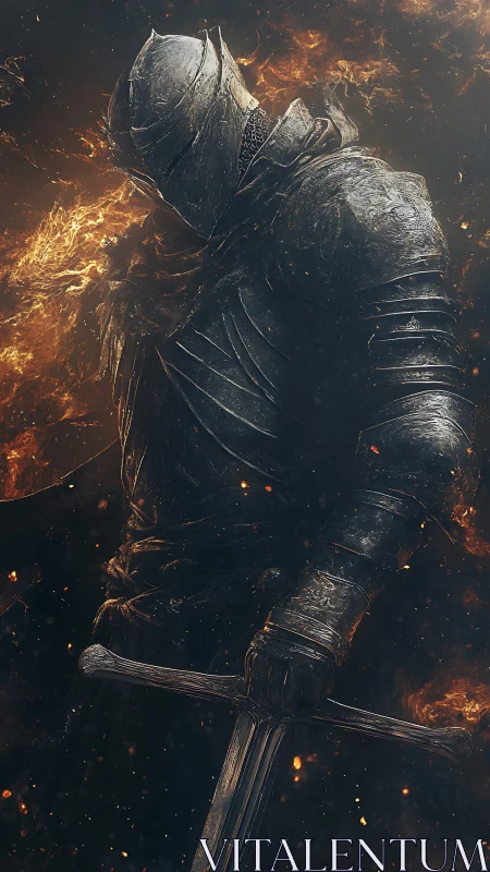 Burned knight grips sword amid swirling embers and ash