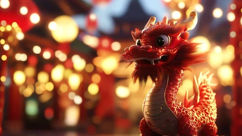 Playful red dragon glows amid festive lantern lights at night