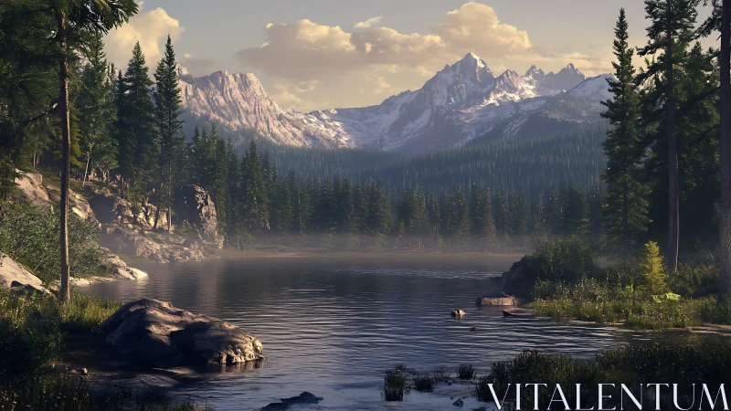 Serene alpine lake beneath sunlit, snow‑capped peaks at dusk.