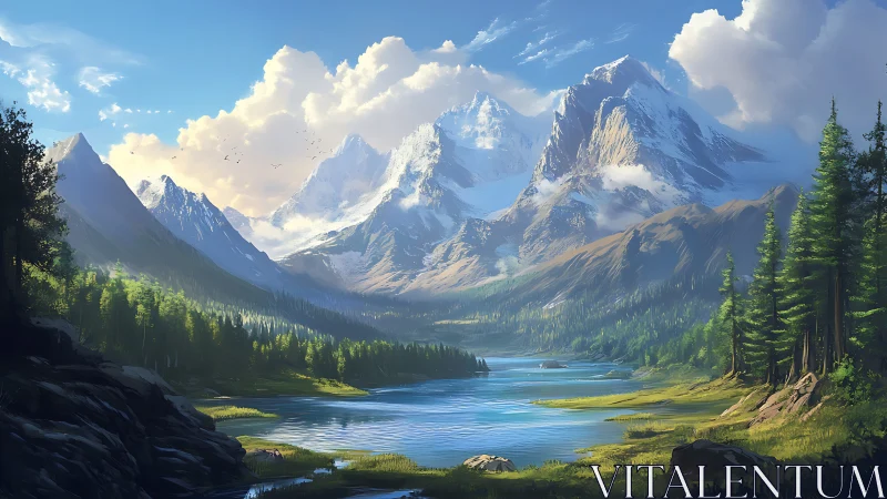 Alpine lake valley rendered in luminous atmospheric digital realism