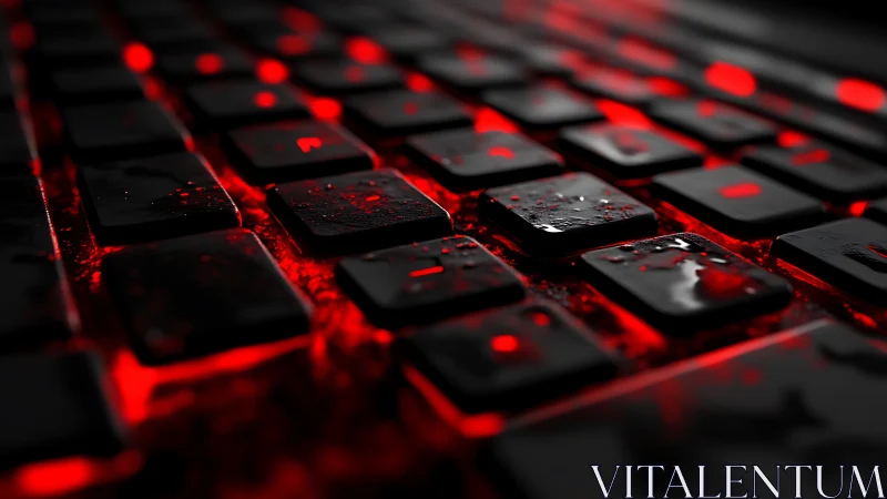 Glowing red keyboard keys shine through scattered water drops