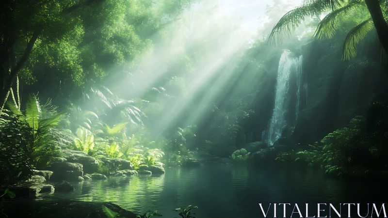 Sunlight penetrates dense forest canopy to illuminate waterfall