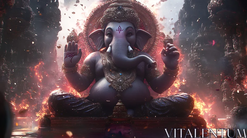 Majestic Ganesha statue sits amid blazing temple ruins