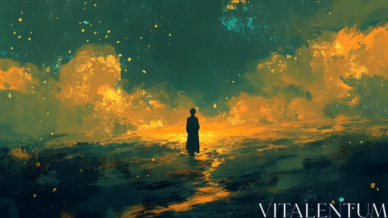 Solitary figure stands in glowing stormlit dreamscape