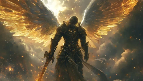Armored winged figure with sword amid glowing storm clouds.