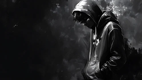 Hooded youth stands in monochrome shadows, lost in thought.