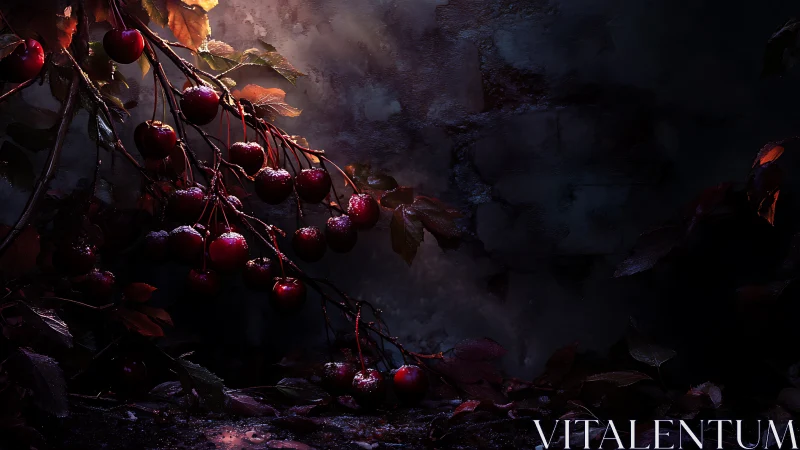 Glimmering red cherries rest in a quiet pool of evening light