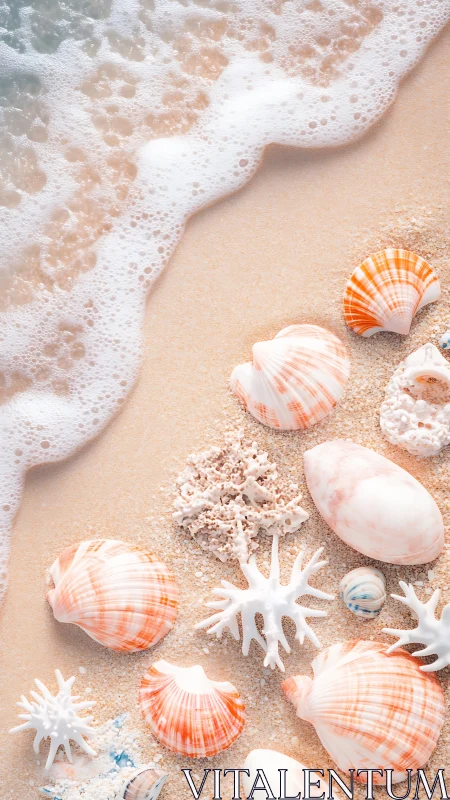 Seashells and coral on pastel sand beside gentle surf.