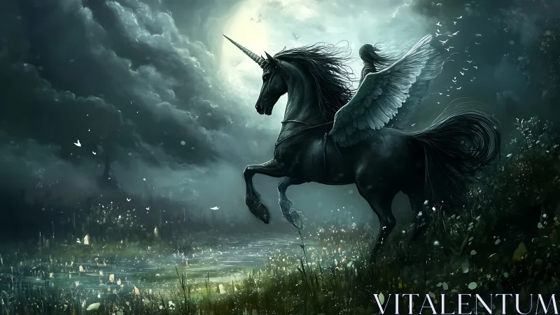 Winged black unicorn rearing by moonlit forest pond.