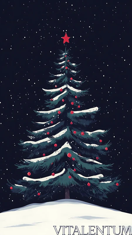 Snow covered Christmas tree stands under night sky