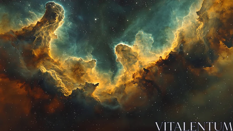 Emerald and gold cosmic nebula pillars across starfield.