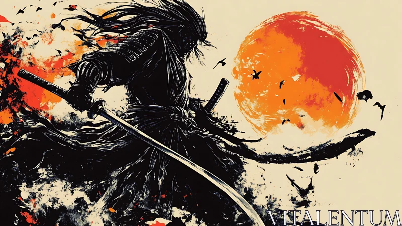 Samurai silhouette cleaves storm beneath blazing crimson sun