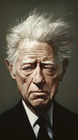 Stern elderly man with wild white hair in dark suit portrait.