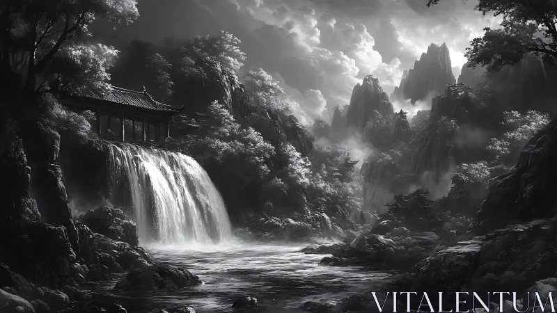 Monochrome mountain waterfall valley with pagoda and atmospheric depth