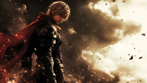 Armored swordsman in red cloak amid high-contrast storm debris
