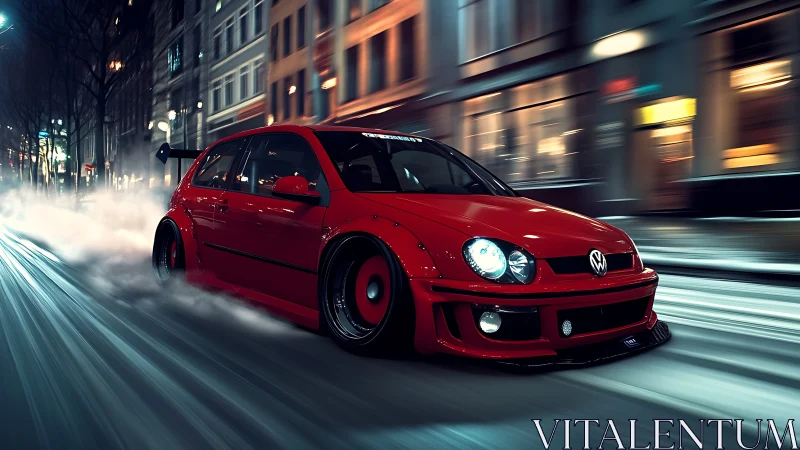 Photorealistic red tuner hatchback in dynamic night drift scene.