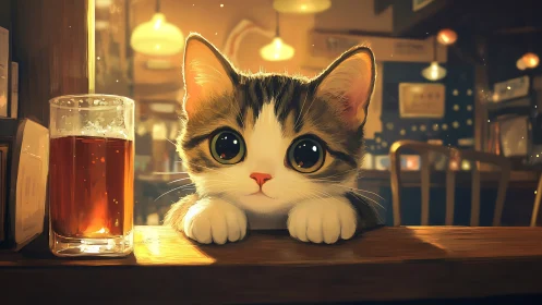 Adorable Kitten's Candlelit Moment at the Cozy Cafe.