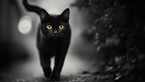Black cat with amber eyes in monochromatic urban setting displays direct frontal positioning.