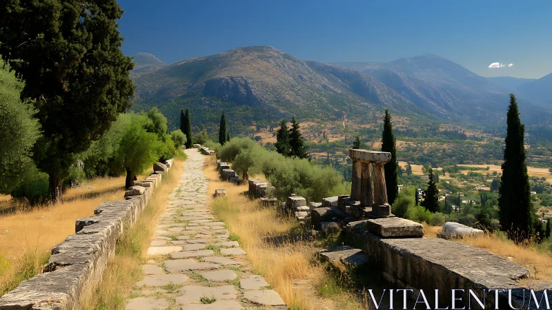 Sunlit stone pathway drifts through timeless mountain silence