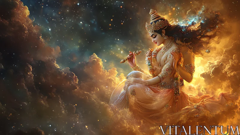 Divine celestial figure seated in glowing cosmic clouds.