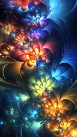 Fractal floral light patterns in multicolor digital artwork.