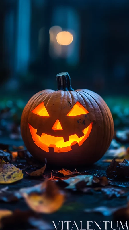 Glowing jack-o’-lantern smiles on a leaf-strewn path at dusk.