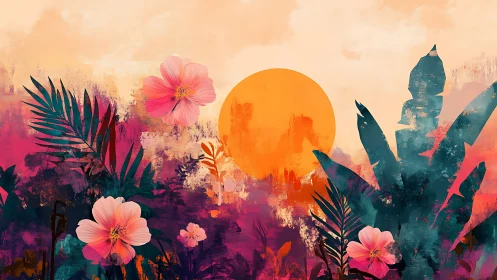 Vibrant tropical flora silhouettes frame an abstract sunset sphere