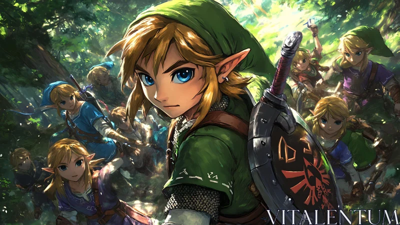 Elf warrior party advances through dense sunlit forest path