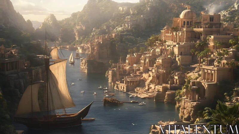 Sunlit fantasy harbor city with domed sandstone palaces.