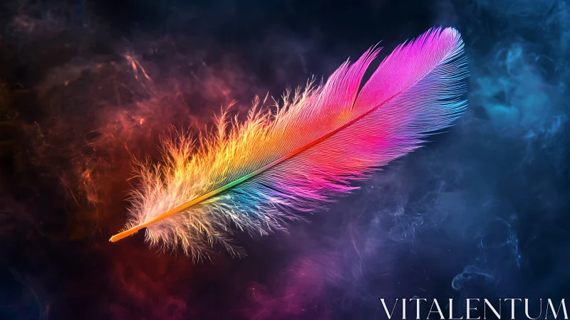 Iridescent feather floats in high-contrast, spectral vapor field
