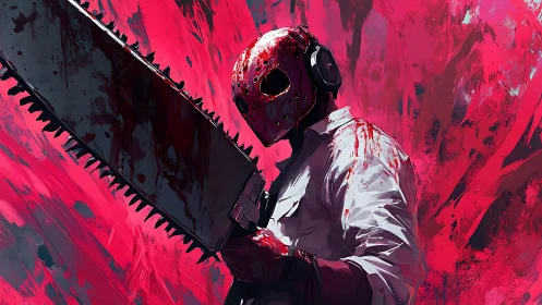 Bloodstained masked figure wielding chainsaw in neon carnage.