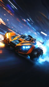 Futuristic orange race car explodes through neon-lit speedway