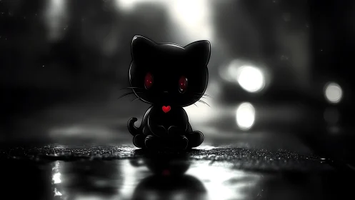 Midnight neon kitten with glowing heart on rainy asphalt.