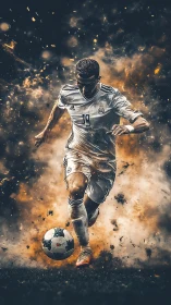 Football player running with ball amid abstract particles.