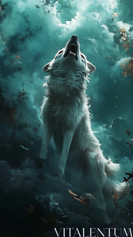 Luminous white wolf howls amid teal atmospheric vortex.