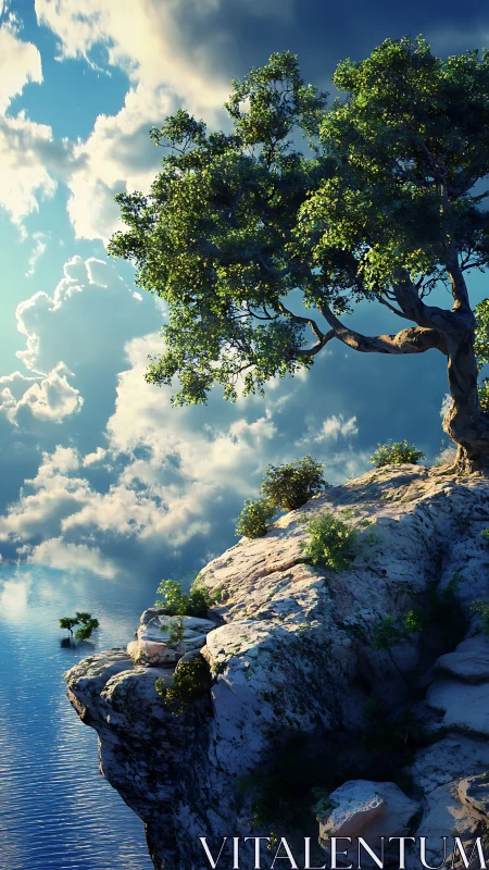 Lone tree stands on sunlit cliff above calm water.