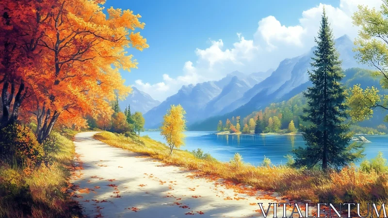 Golden autumn lakeside path curves toward distant mountains.